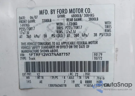 2007 Ford F-150 Stx/Xl/Xlt z USA, uszkodzony, nr VIN 1FTRF12W37NA87757